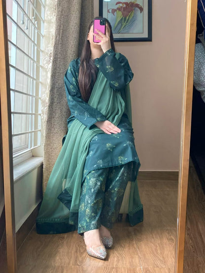 3 Piece - Lawn Printed Dress With Shalwar