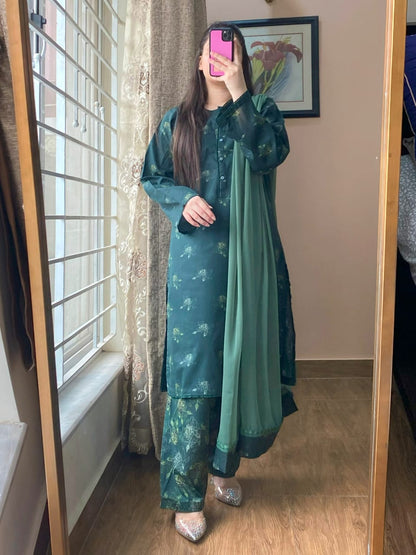 3 Piece - Lawn Printed Dress With Shalwar