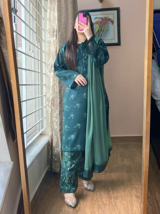 3 Piece - Lawn Printed Dress With Shalwar