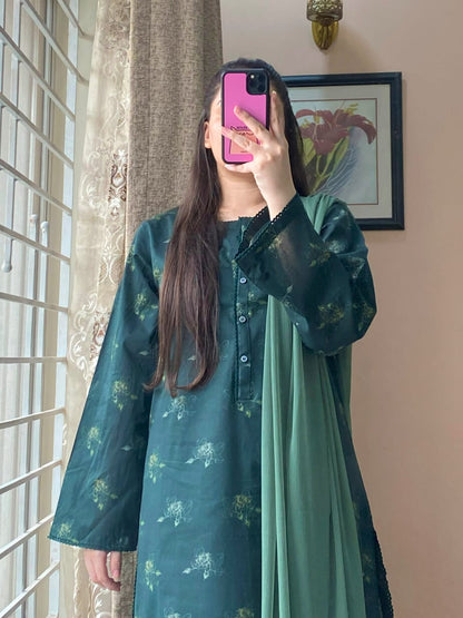 3 Piece - Lawn Printed Dress With Shalwar