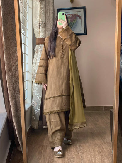 3 Piece - Lawn Dobby Dress with Farshi Shalwar